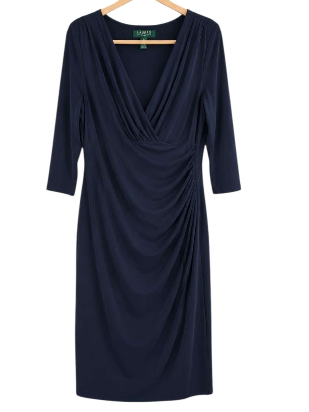 Lauren Ralph Lauren Dk Navy Ruched Faux Wrap Dress 18 Midi Cocktail Evening Work